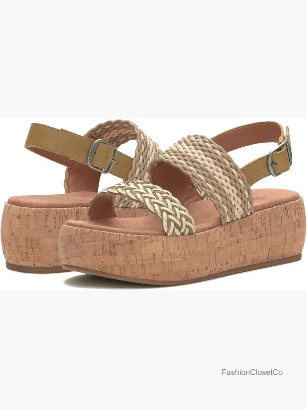 Leather Wedge Sandals with Buckle Closure and Chunky Cork Platform